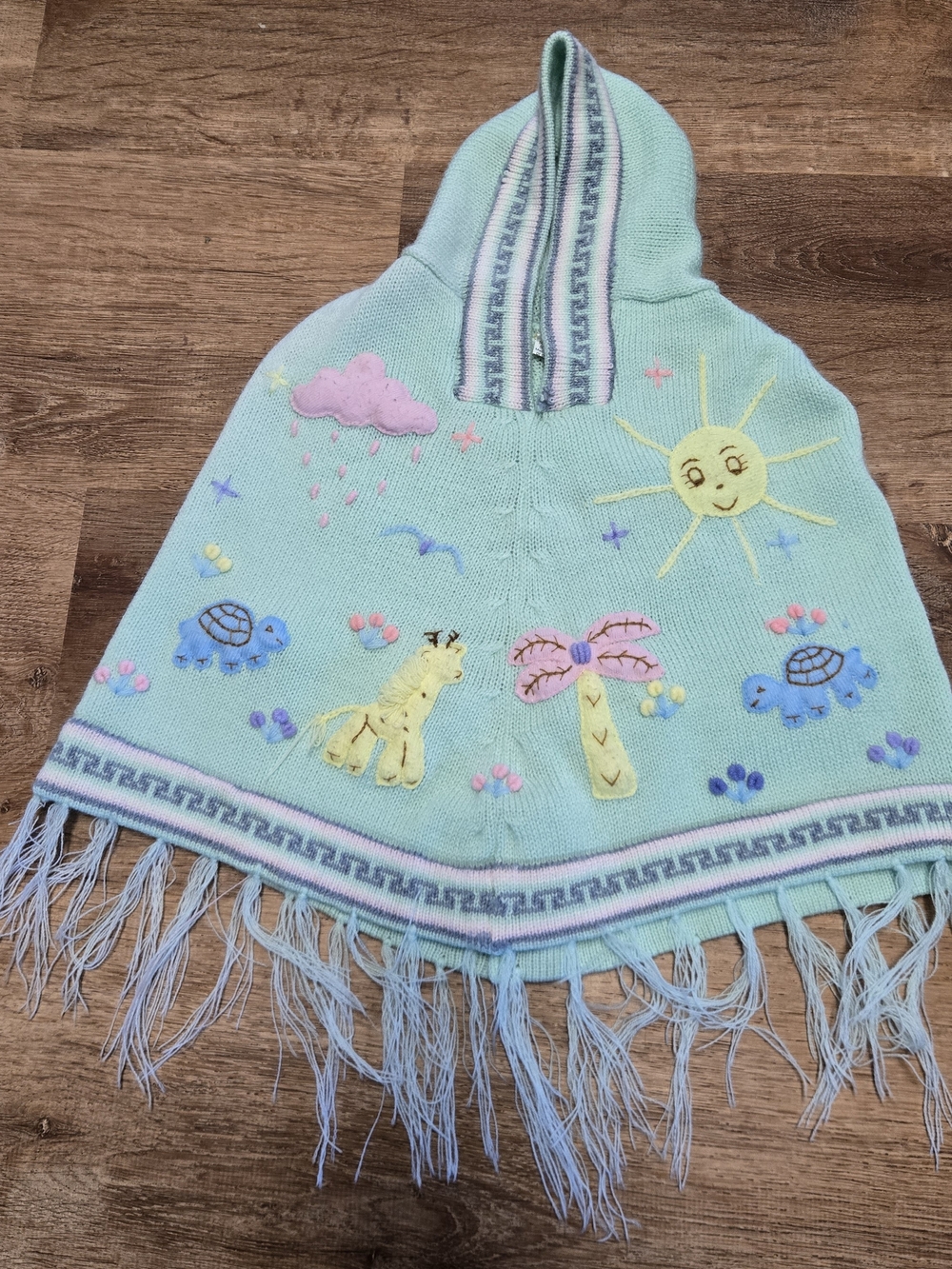 Kids Hooded Handmade Poncho with Sun Animal Appliqués Wool Blend Light Green 2t